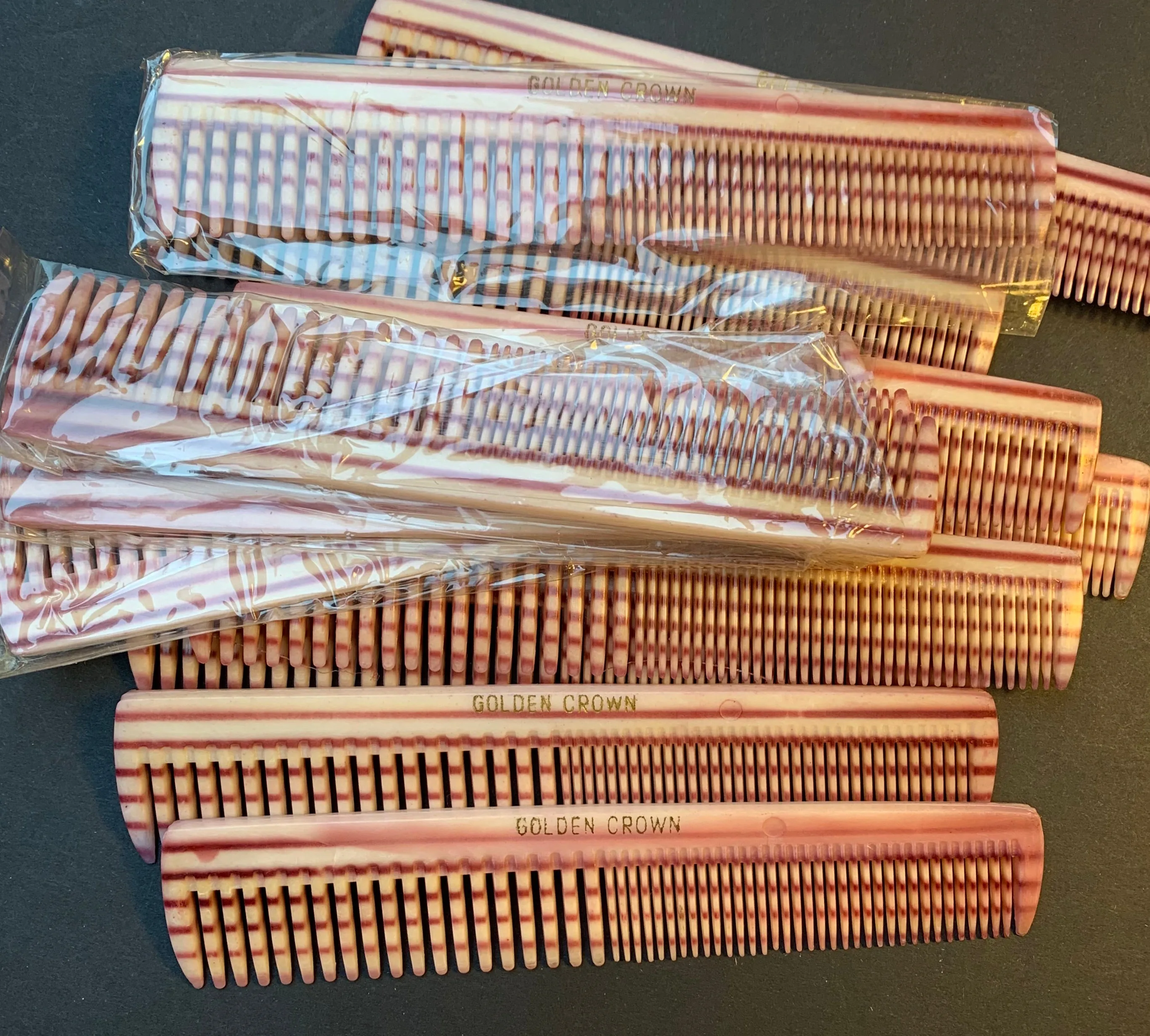 10  Vintage Stripy GOLDEN CROWN Graduated 12.5cm combs in Box -Old Shop Stock