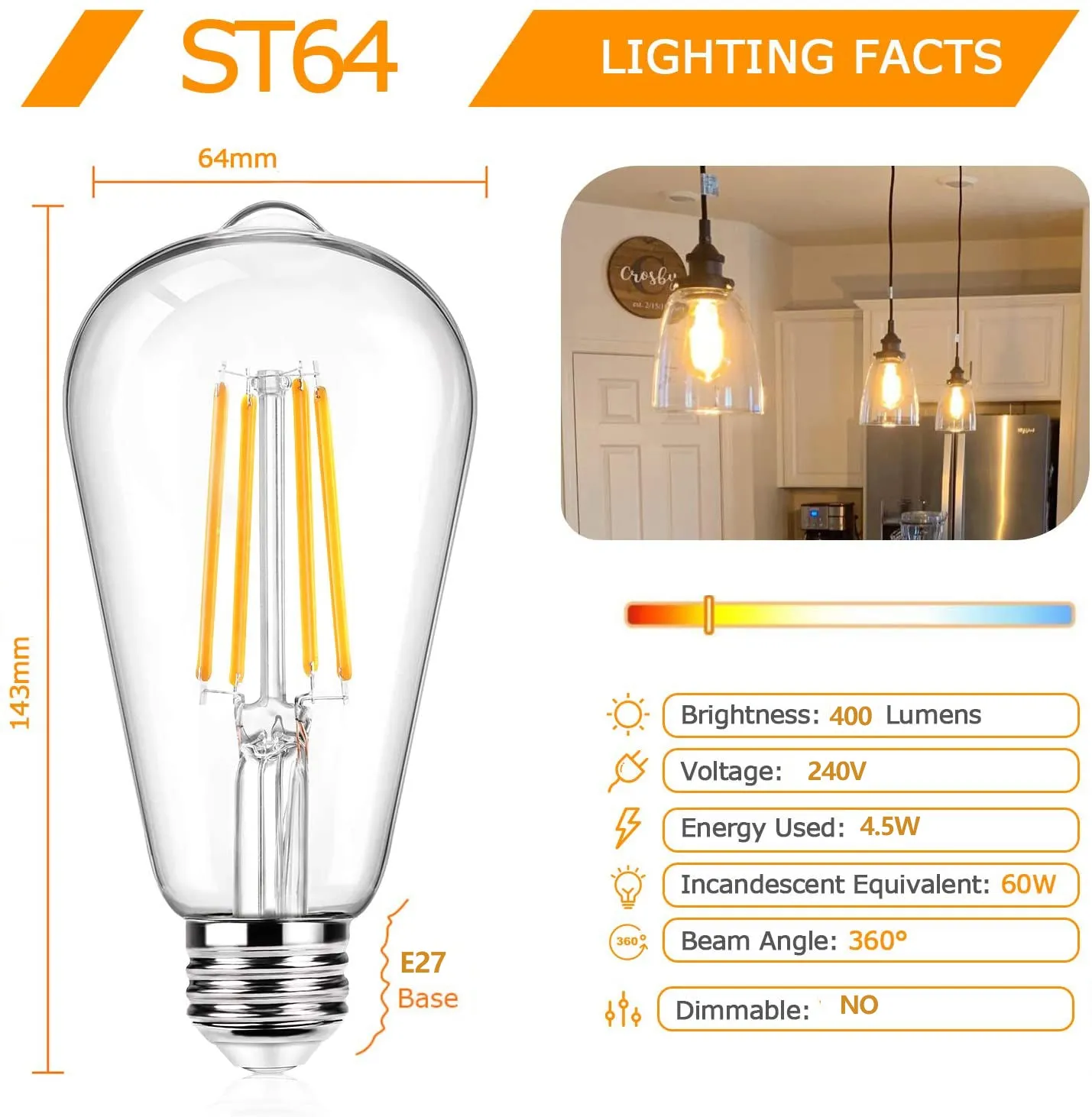 10PACK LED Bulb Pear Shape dimmable ST64 4W 3000k Warmwhite E27