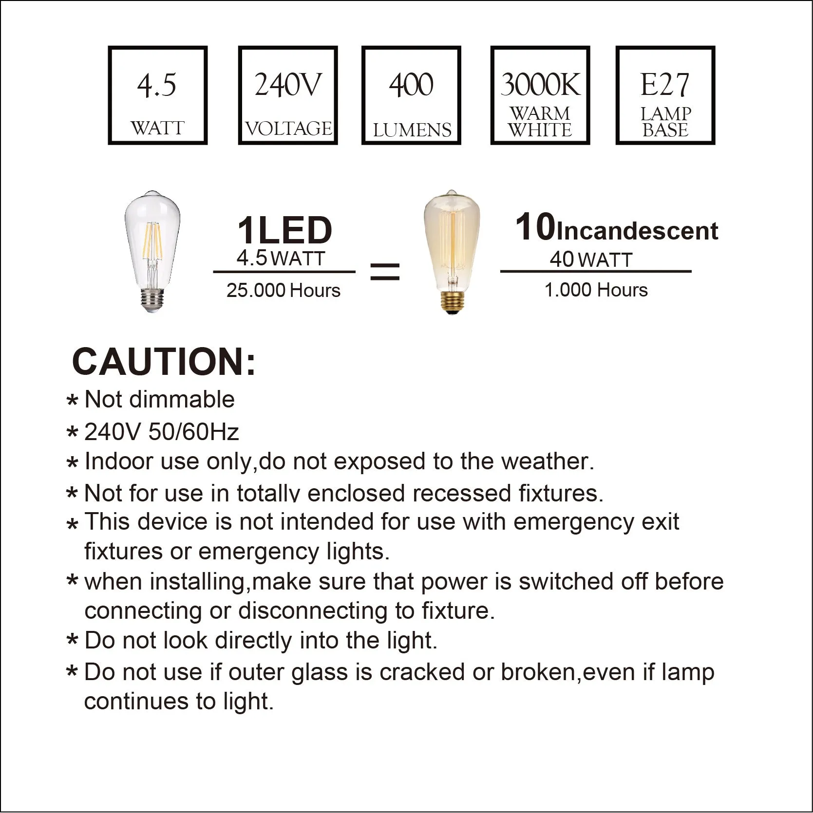 10PACK LED Bulb Pear Shape dimmable ST64 4W 3000k Warmwhite E27