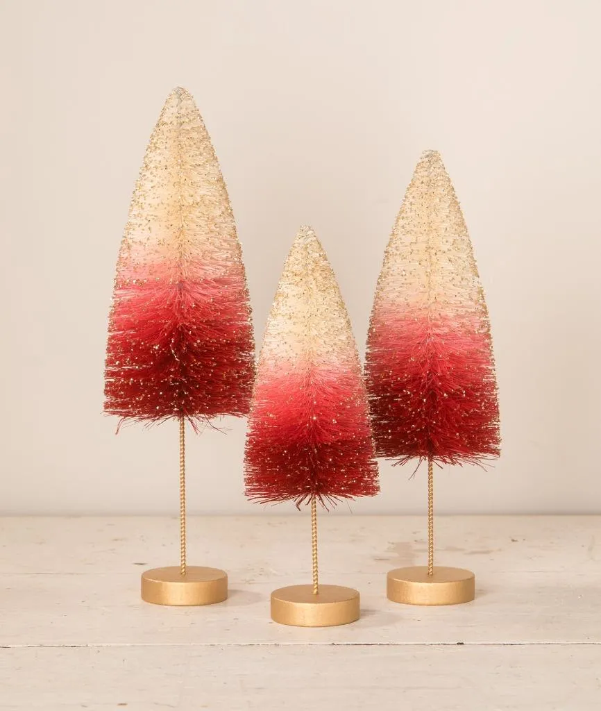 10"-13" Ombre Red Pink White with Gold Glitter Bottle Brush Trees Set of 3