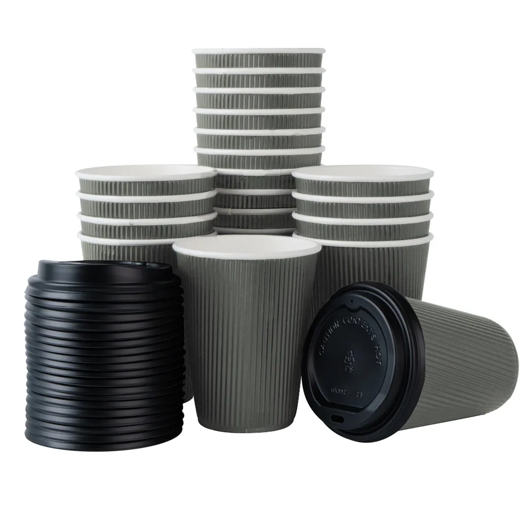 12 oz Gray Paper Ripple Wall Coffee Cup - with Black Lid - 3 1/2" x 3 1/2" x 5" - 20 count box