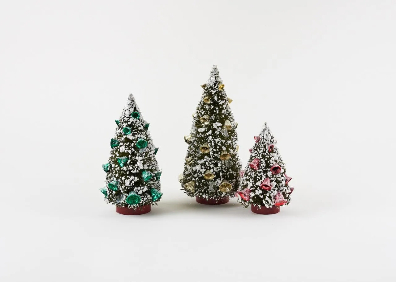 180 Degrees Dark Green Sisal Bottle Brush Christmas Village Trees with Bells Set of 3