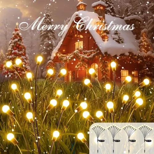 2023 Solar Garden Lights, 4 Pack Solar Firefly Lights, Solar Christmas Lights Outdoor Waterproof, Solar Twinkle Swaying Fairy Light for Pathway Yard Garden Christmas Decoration (Warm White)