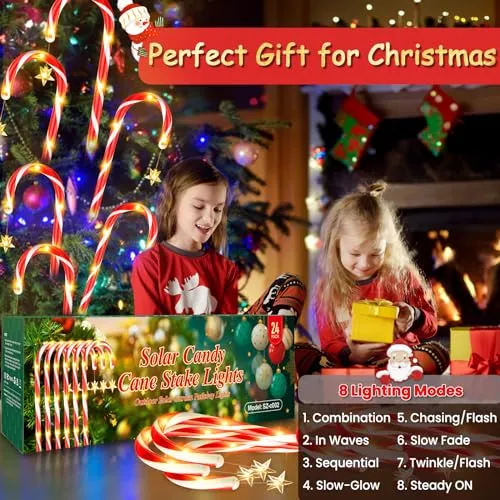 24 Pack Christmas Decorations Outside Solar Candy Cane Lights, LETMY Waterproof Outdoor Christmas Decorations with Star & 144 Bright LED, 8 Modes Xmas Decorations for Outdoor Yard Garden Pathway