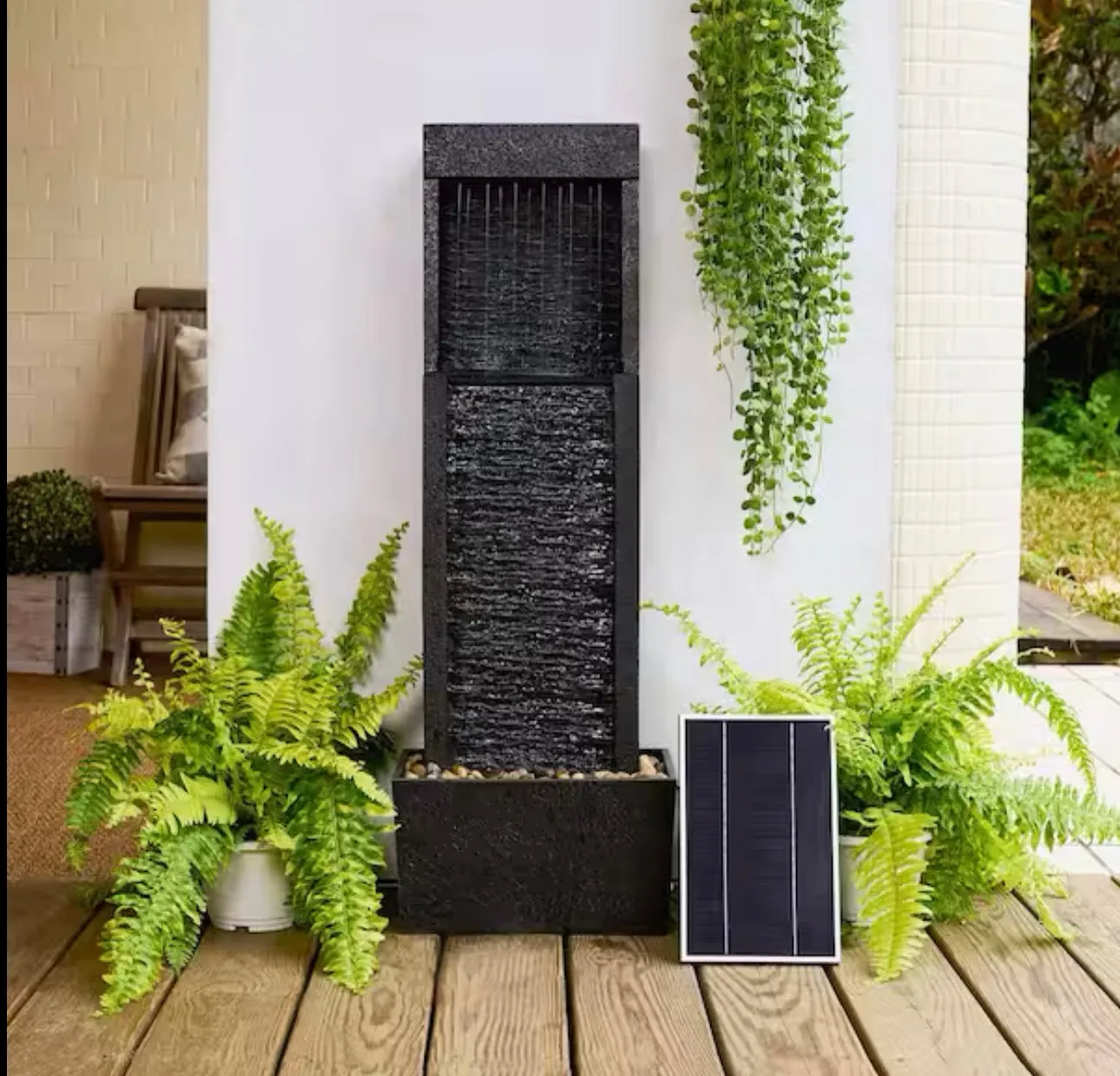 38 in. Tall Outdoor Gray Slate Solar-Powered Waterfall Fountain with LED Lights