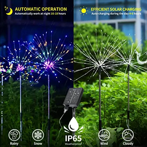 6 Pack Solar Firework Lights,720 LED Outdoor Garden Lights USB Charging, 8 Lighting Modes with Remote Control Waterproof, 4 Brightness DIY Firefly Lamp for Path Christmas Party Yard (Colorful)