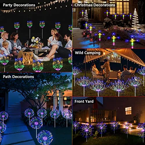 6 Pack Solar Firework Lights,720 LED Outdoor Garden Lights USB Charging, 8 Lighting Modes with Remote Control Waterproof, 4 Brightness DIY Firefly Lamp for Path Christmas Party Yard (Colorful)