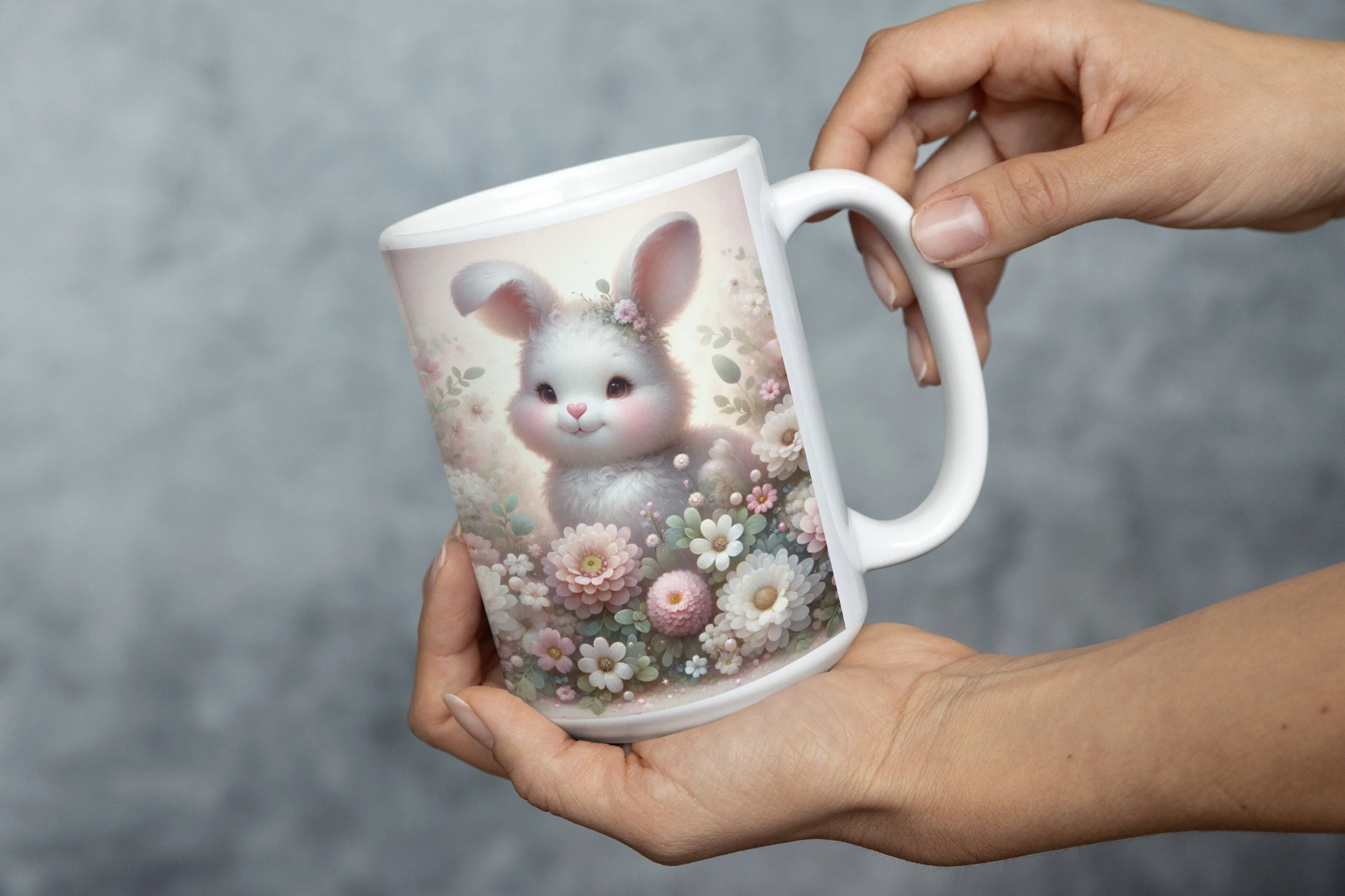 Adorable Bunny Mug, Whimsical Cute Rabbit Floral Coffee Cup, Perfect Springtime Gift, Soft Pastel Colors, Unique Gift for Easter Celebration