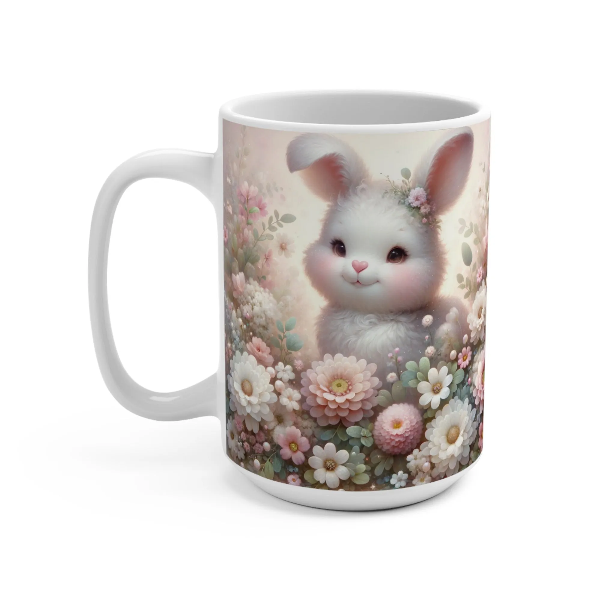 Adorable Bunny Mug, Whimsical Cute Rabbit Floral Coffee Cup, Perfect Springtime Gift, Soft Pastel Colors, Unique Gift for Easter Celebration