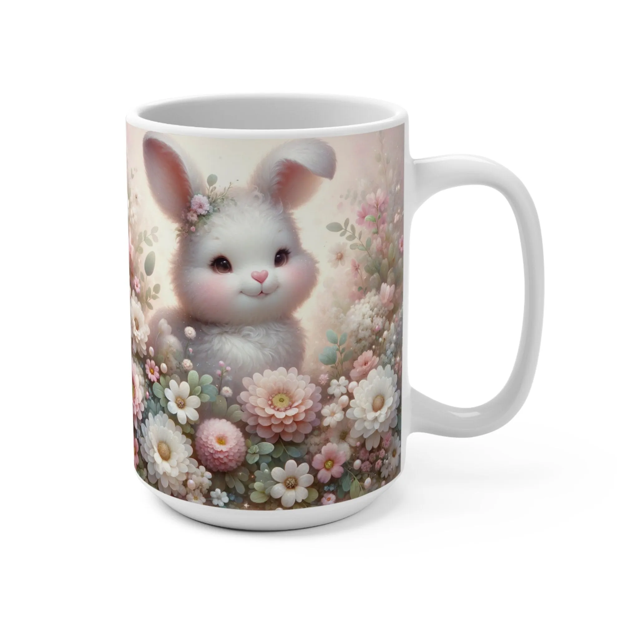 Adorable Bunny Mug, Whimsical Cute Rabbit Floral Coffee Cup, Perfect Springtime Gift, Soft Pastel Colors, Unique Gift for Easter Celebration