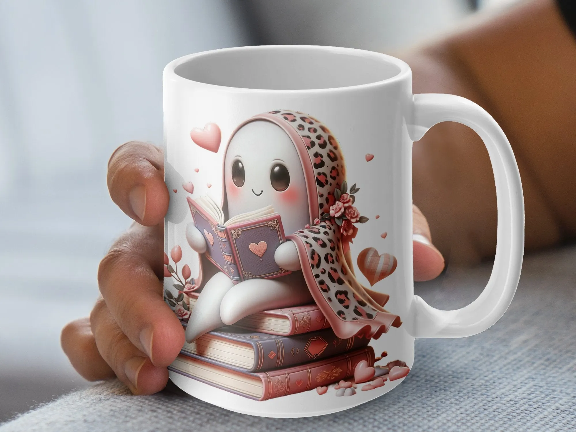 Adorable Leopard Print Ghost Book Lover Mug Gift for Her