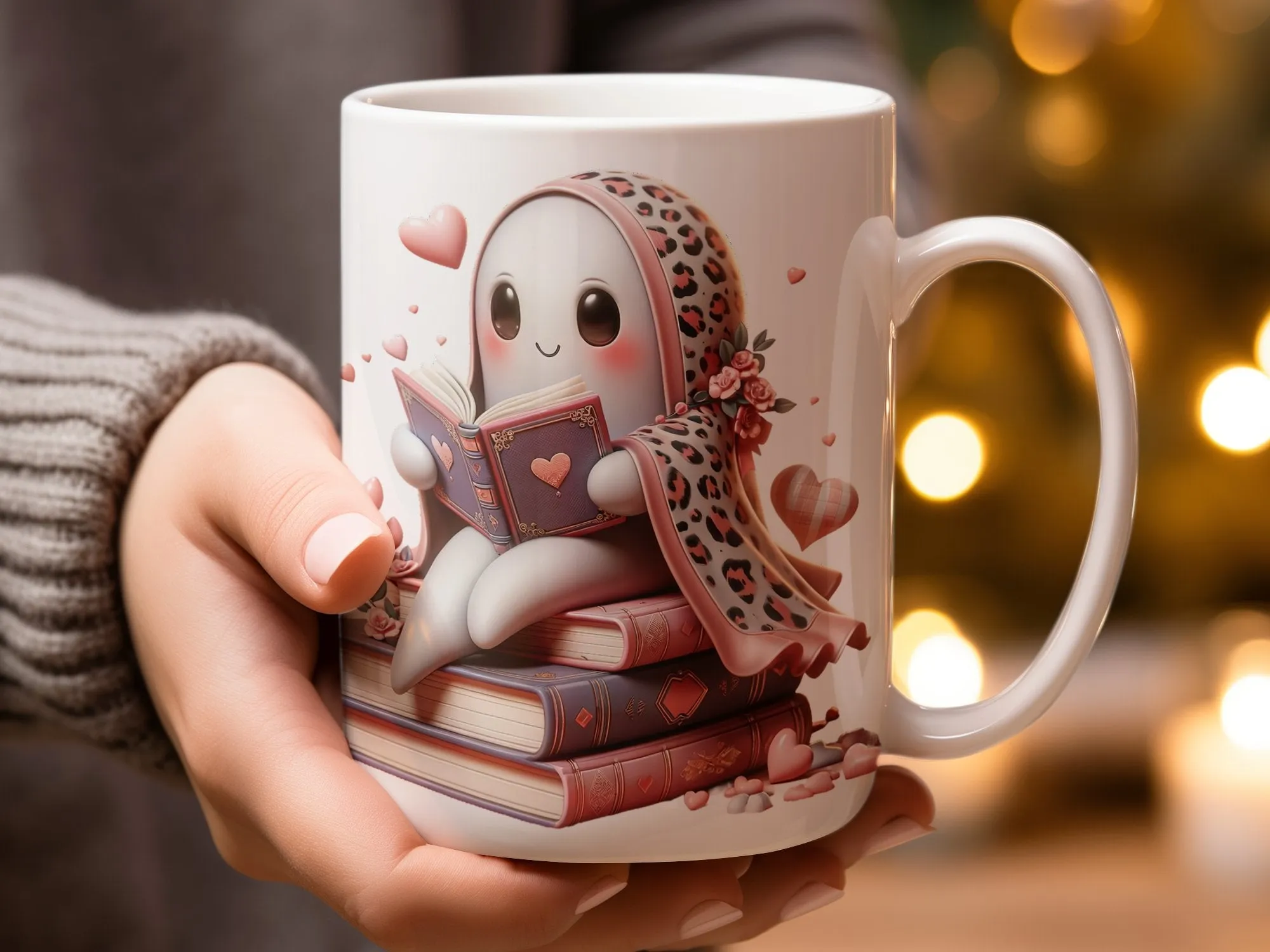 Adorable Leopard Print Ghost Book Lover Mug Gift for Her