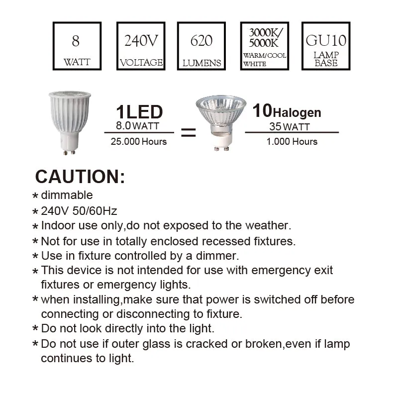 Aluminium Die-casting Commercial Grade GU10 8W 3000K 620lm