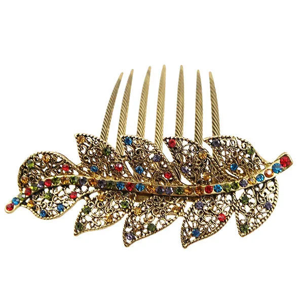 Antique Brass Rhinestone Leaf  French Twist Comb