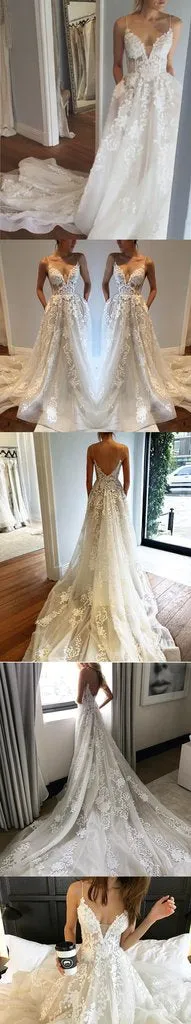 Beautiful Wedding Dresses A-line Spaghetti Straps Brush Train Ivory Tulle Bridal Gown JKW177