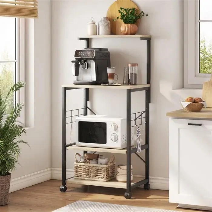 Bestier 4-Tier Microwave Stand Coffee Bar Table on Wheels, Utility Storage Rack for Kitchen