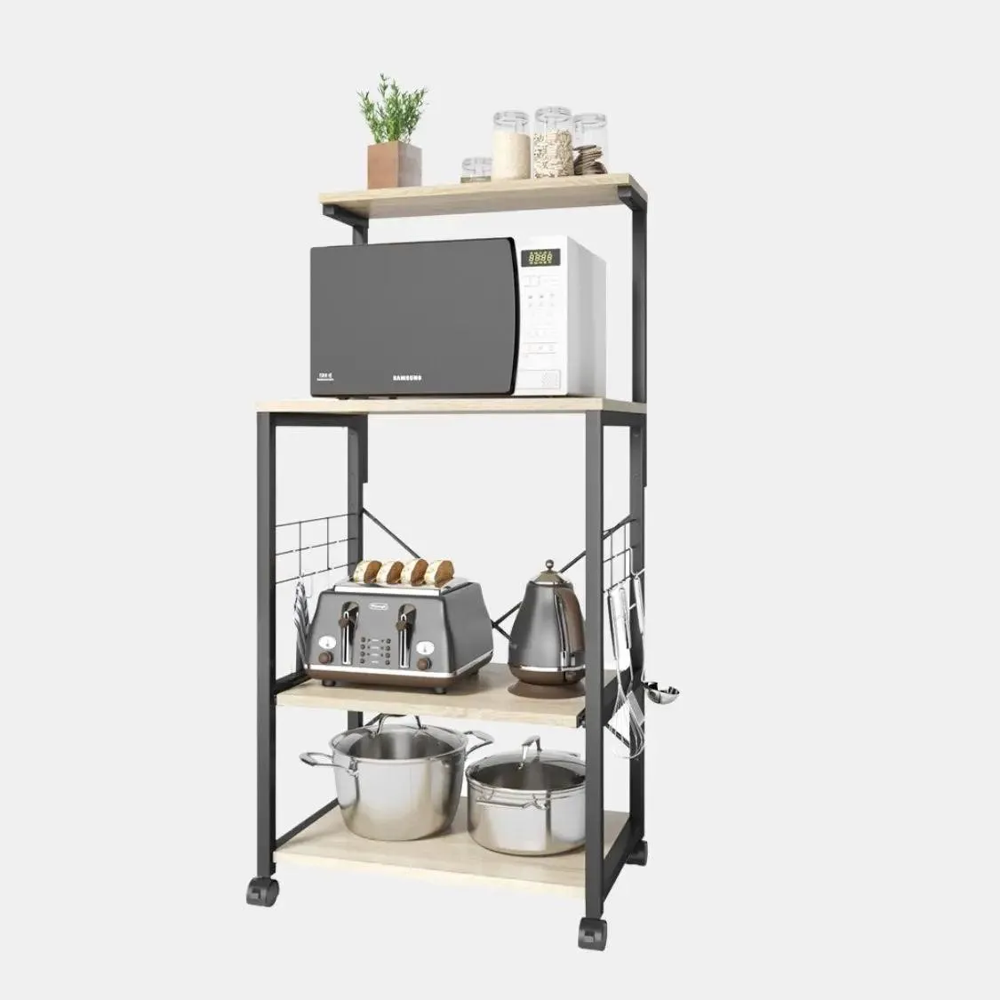 Bestier 4-Tier Microwave Stand Coffee Bar Table on Wheels, Utility Storage Rack for Kitchen