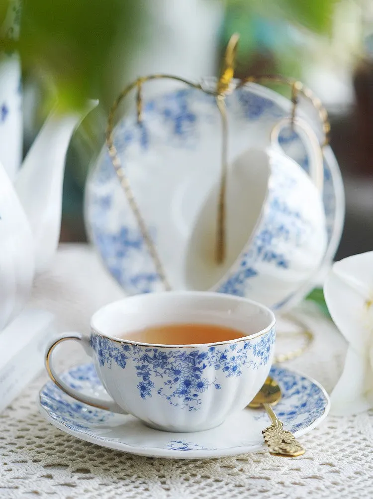 Blue Bone China Porcelain Tea Cup Set, British Royal Ceramic Cups for Afternoon Tea, Unique Blue Tea Cup and Saucer in Gift Box, Elegant Ceramic Coffee Cups