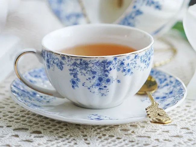 Blue Bone China Porcelain Tea Cup Set, British Royal Ceramic Cups for Afternoon Tea, Unique Blue Tea Cup and Saucer in Gift Box, Elegant Ceramic Coffee Cups