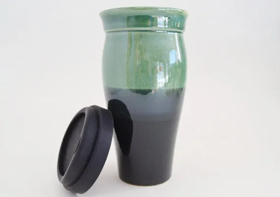 Ceramic Travel Mug with Lid- Black and Green