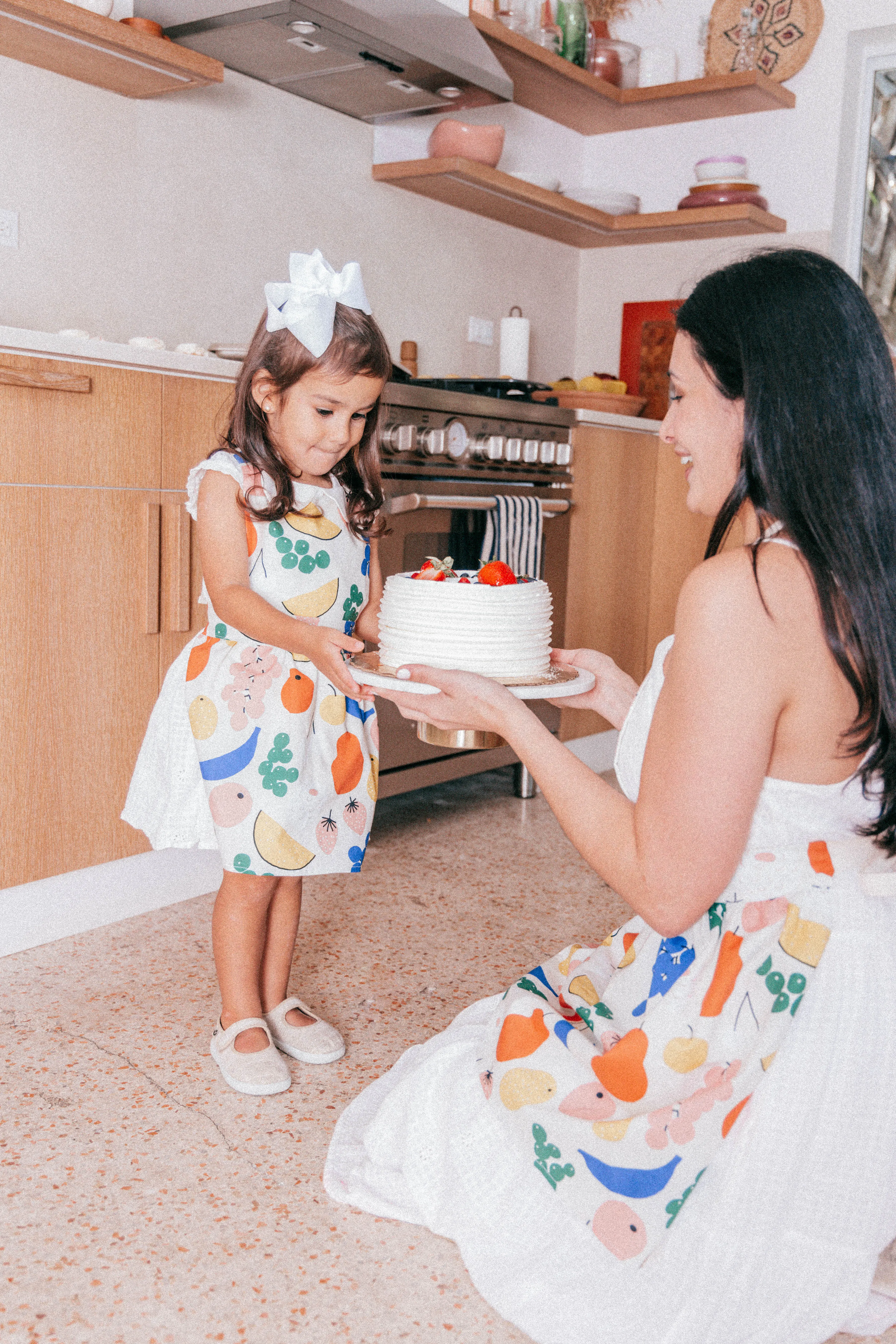 Child's Gidget Apron White Fruits Print