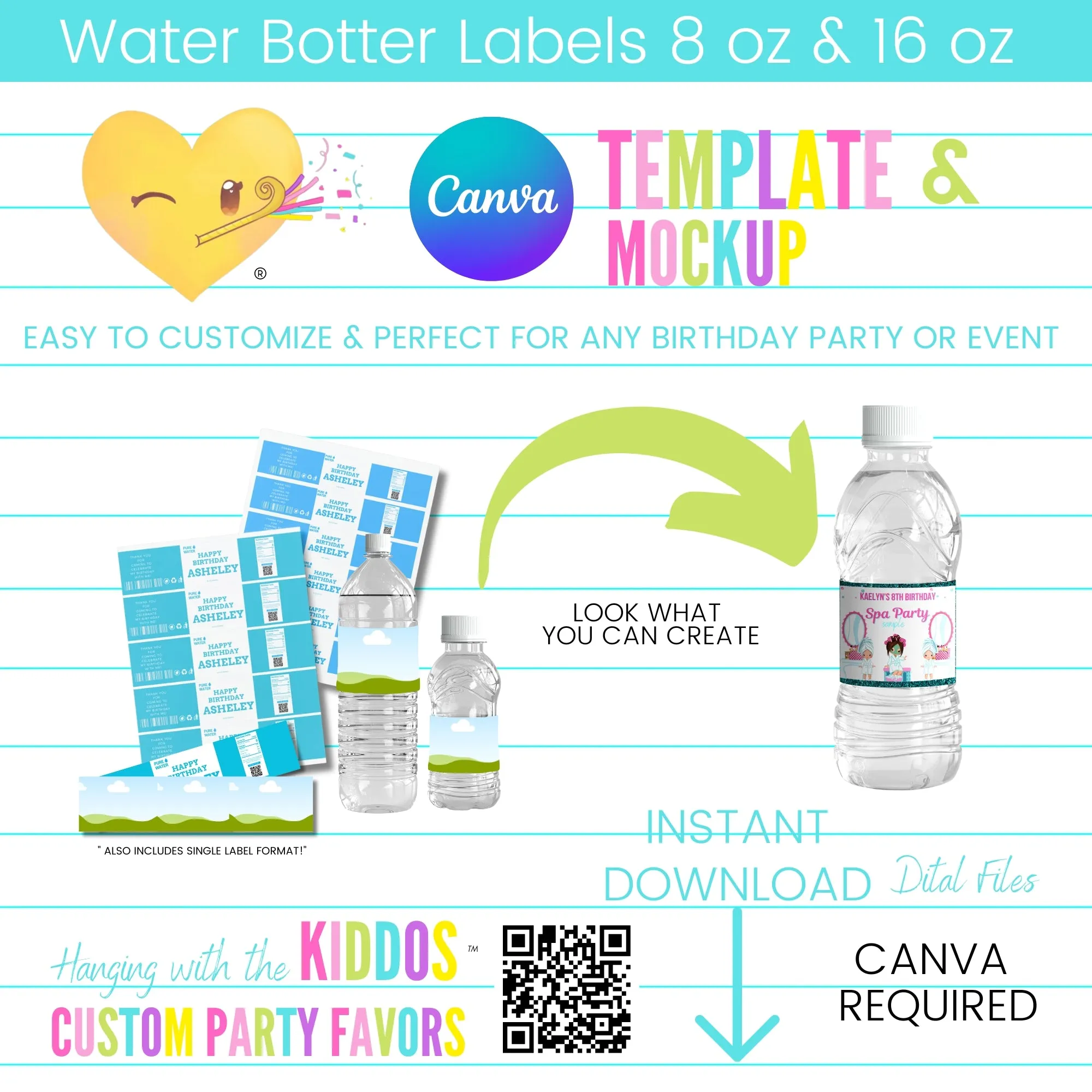 Custom Water Bottle Labels - Canva Template & Mockup 8 oz|16 oz