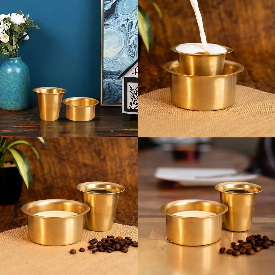 Ekhasa 100% Pure Brass Filter Coffee Cup | Dabara Set for Coffee | South Indian Dawara Coffee Cup Set | Pital Filter Coffee Cup Tumbler Set (Set of 2)