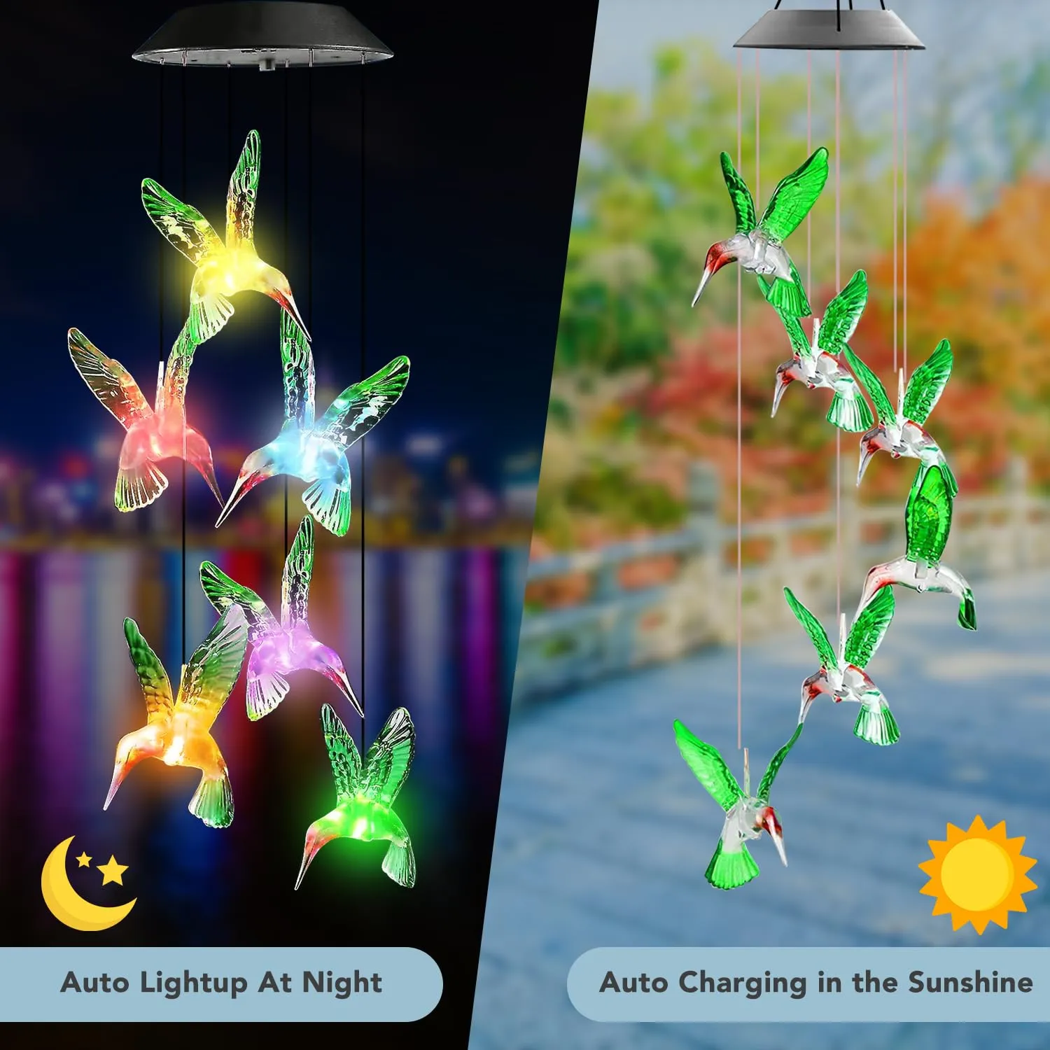 Ekhasa Solar Hummingbird Wind Chimes | Solar Powered WindChime for Balcony, Outdoor & Garden Magical Solar Power Positive Vibes WindChimes Lights (Light Colour Changes, No Sound)