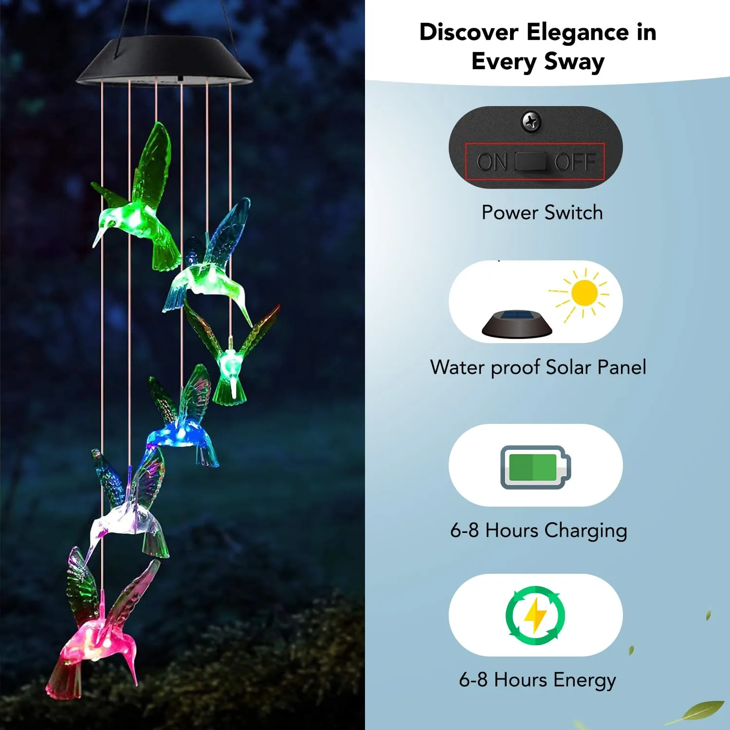 Ekhasa Solar Hummingbird Wind Chimes | Solar Powered WindChime for Balcony, Outdoor & Garden Magical Solar Power Positive Vibes WindChimes Lights (Light Colour Changes, No Sound)