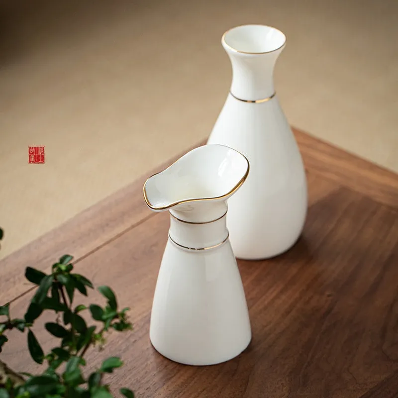 Elegant White Jade Wine Carafe and Vase Series with Gold Accents