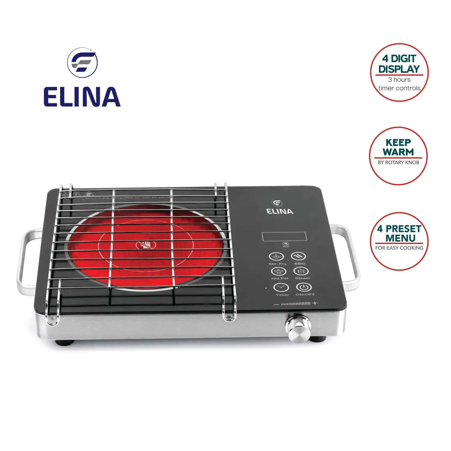 Elina 2200W Radiant Infrared Glass Induction Cook-top with Grill, Touch Panel, Steel Body