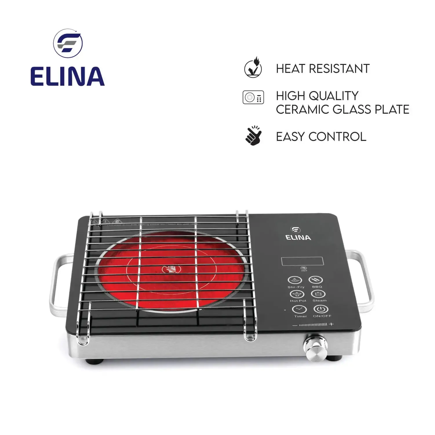 Elina 2200W Radiant Infrared Glass Induction Cook-top with Grill, Touch Panel, Steel Body