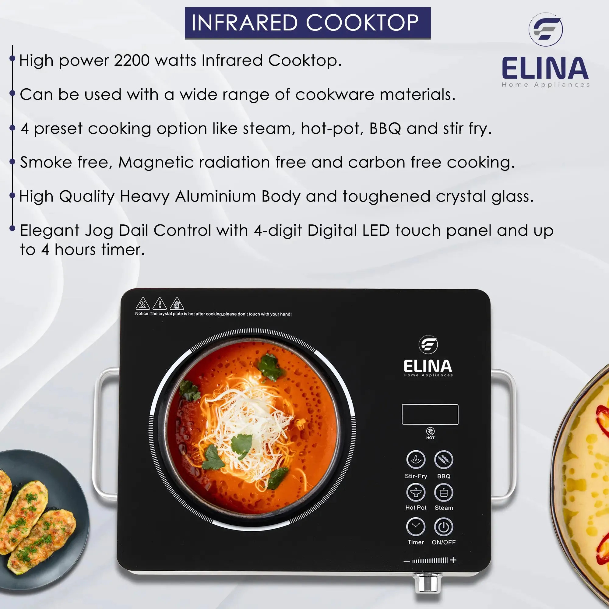 Elina 2200W Radiant Infrared Glass Induction Cook-top with Grill, Touch Panel, Steel Body