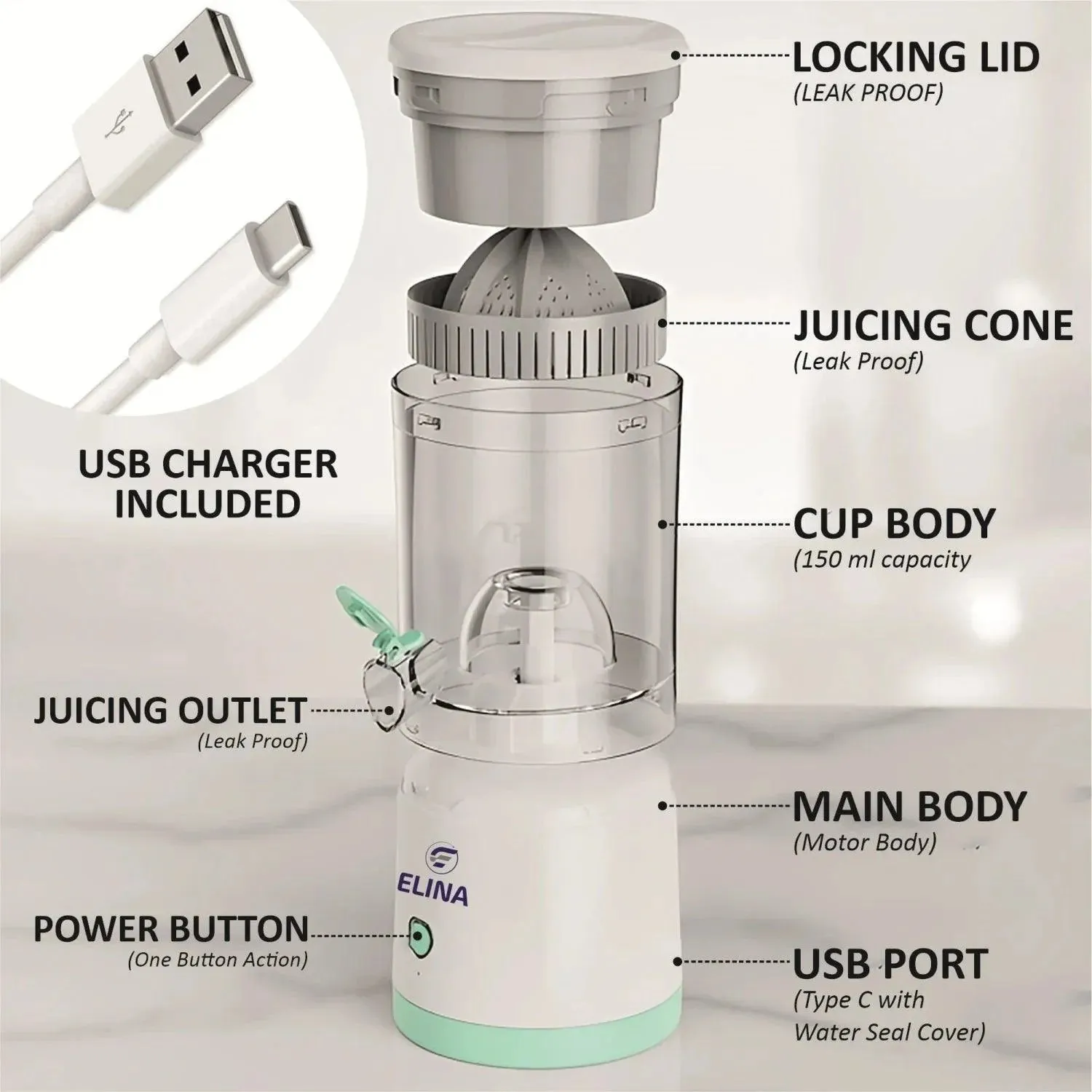 Elina USB Rechargeable Portable Citrus Slow Juicer, White