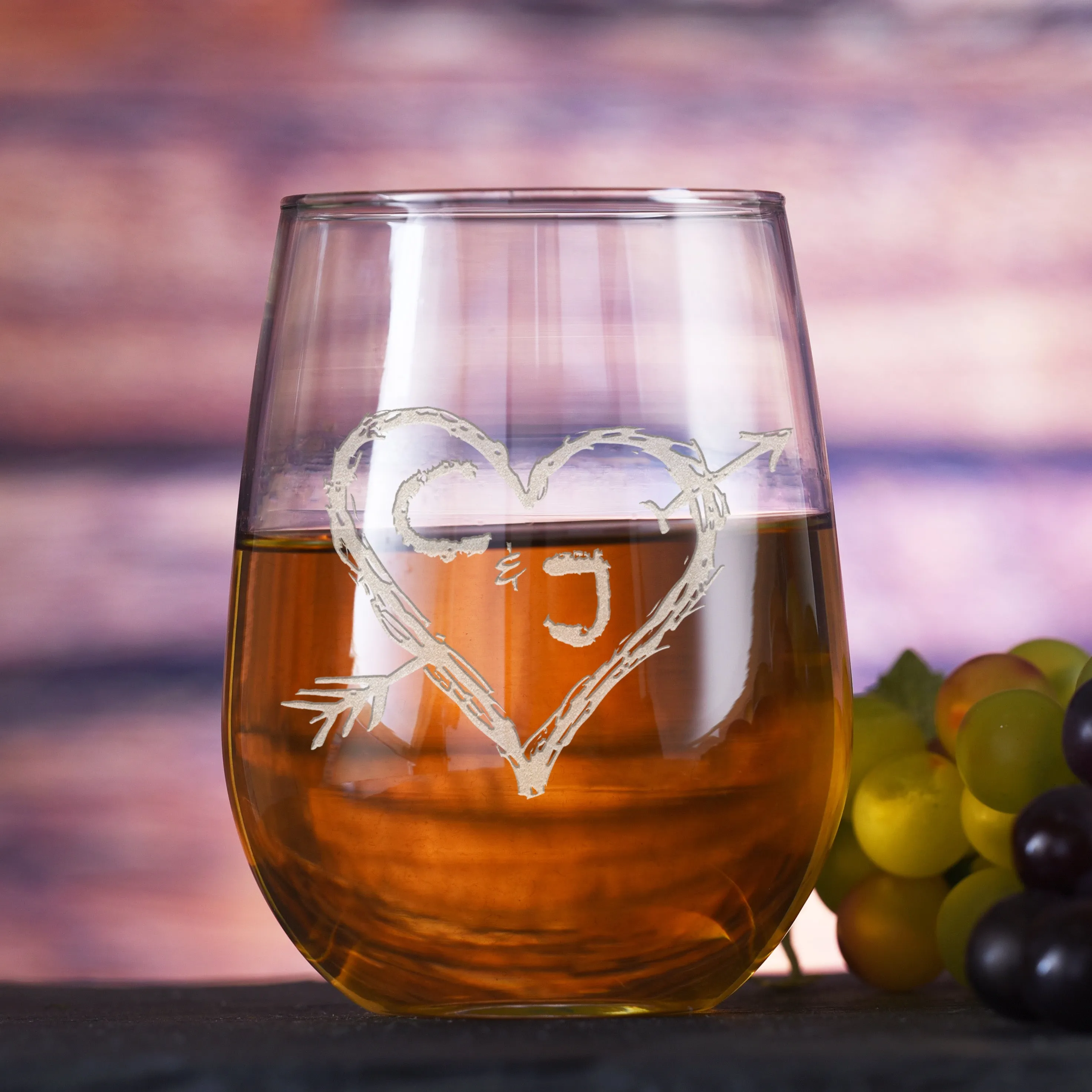 Engraved Wedding Heart Stemless Wine Glass