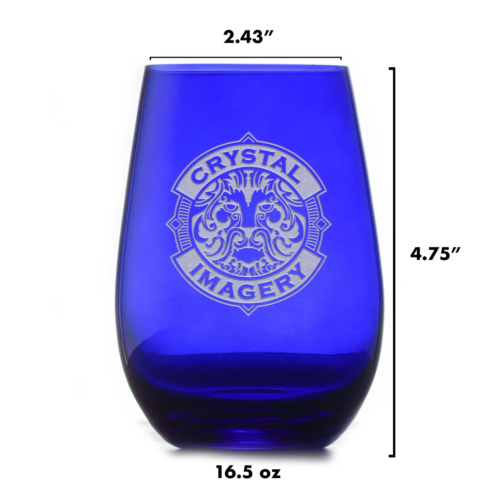 Etched Blue Stemless Wine Glass Tumbler by Crystal Imagery