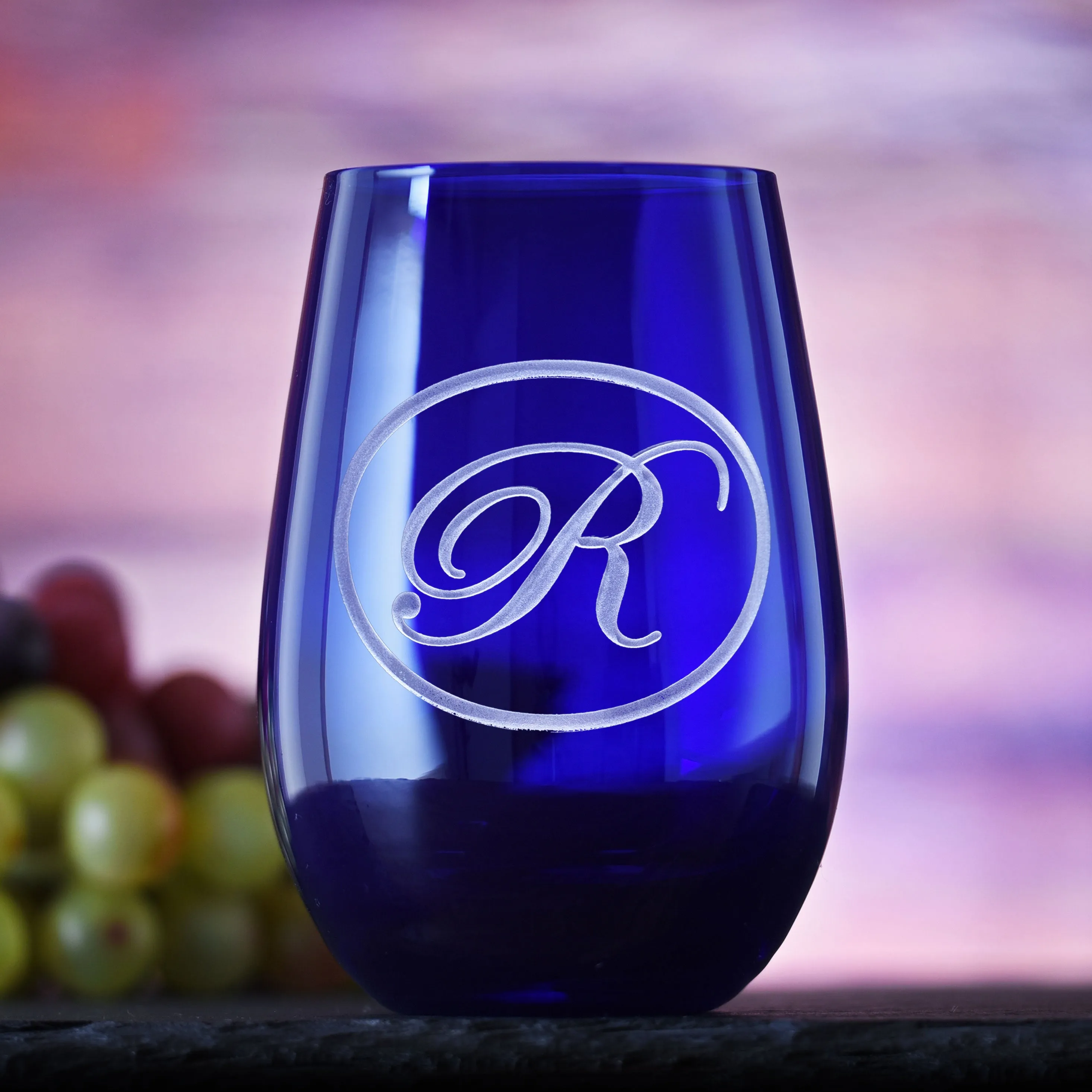 Etched Blue Stemless Wine Glass Tumbler by Crystal Imagery