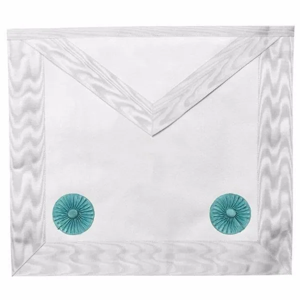 Fellowcraft Blue Lodge Apron - All White Moire with Two Turquoise Rosettes