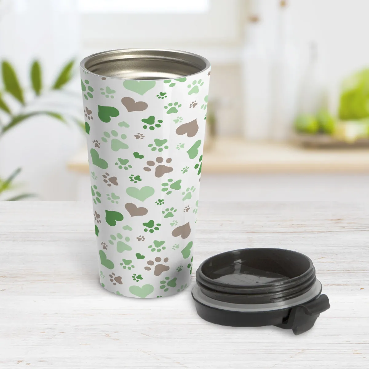 Green Hearts and Paw Prints Travel Mug