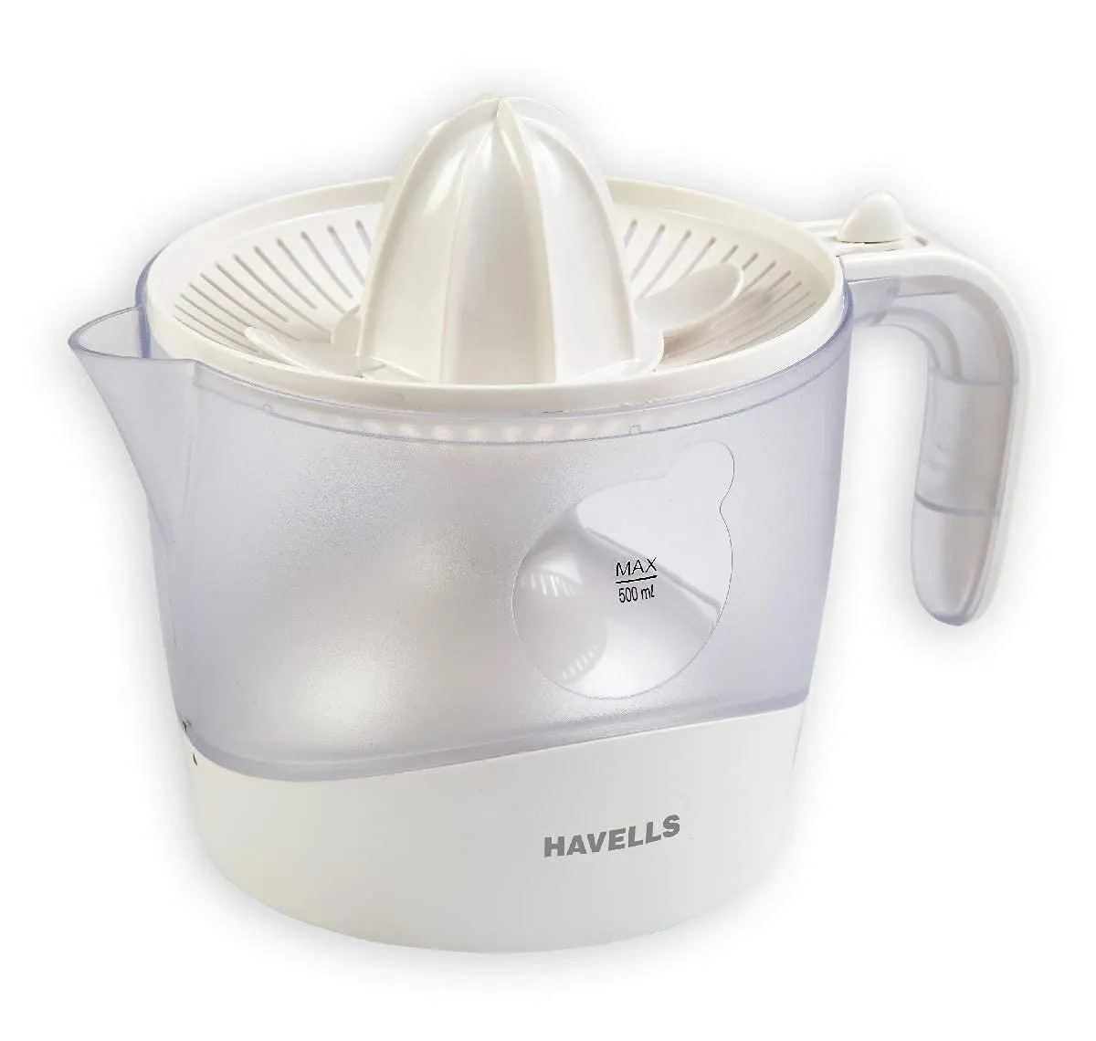 Havells Citrus Press 30 Watt (0.5 L) Juicer With 2 Different Sized Pressing Cones, Transparent Dust Cover Lid