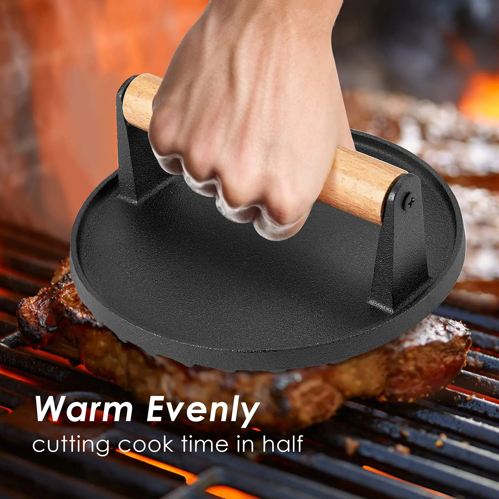 Heavy Duty Cast Iron Grill Press with Wooden Handle