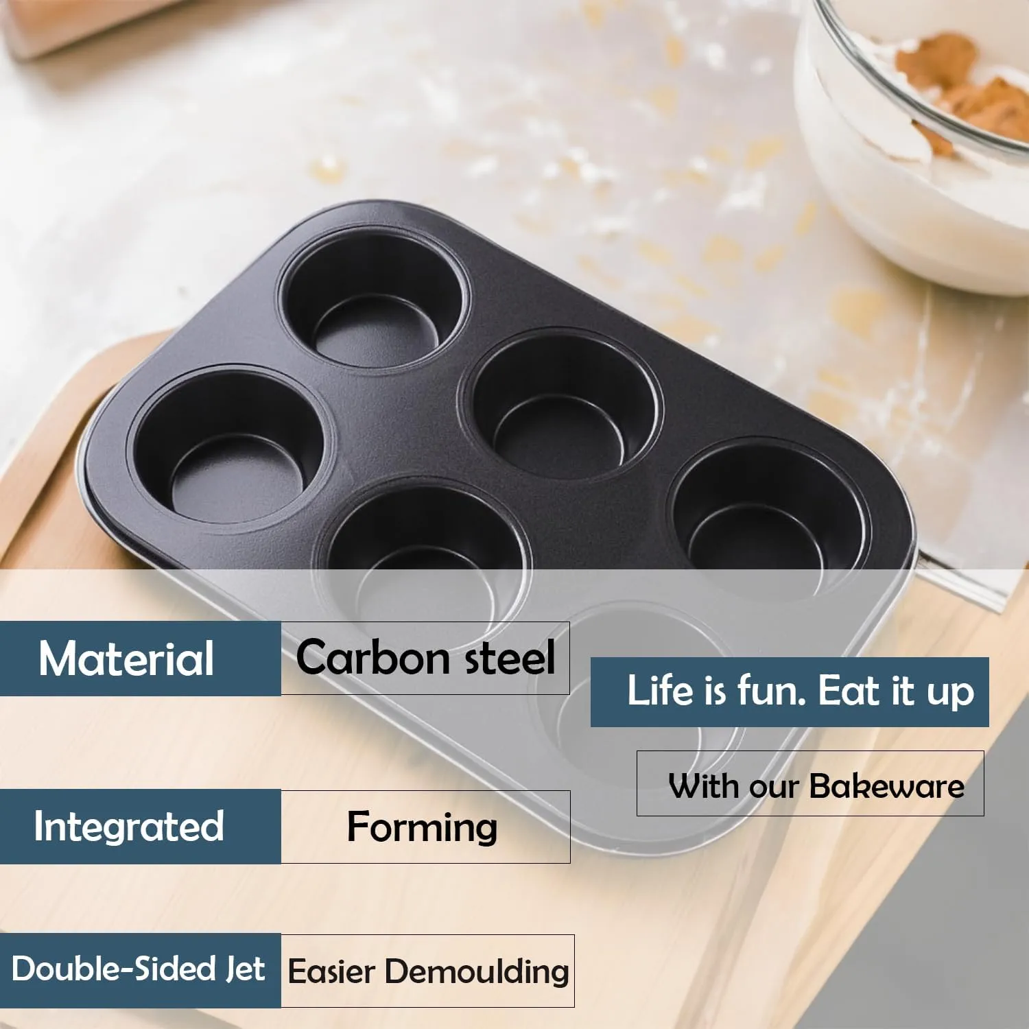 Homestic Pack of 4 6 Slots Non-Stick Cup Cake Tray|Cup Cake Mould for Baking|Idol for Muffin, Small Cake (Black)