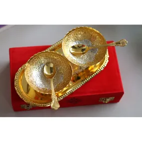 Indian Art Villa Pure Brass With Silver Plating & Gold Polished 2 Bowl, 2 Spoon & 1 Tray Set With Red Velvet Gift Box