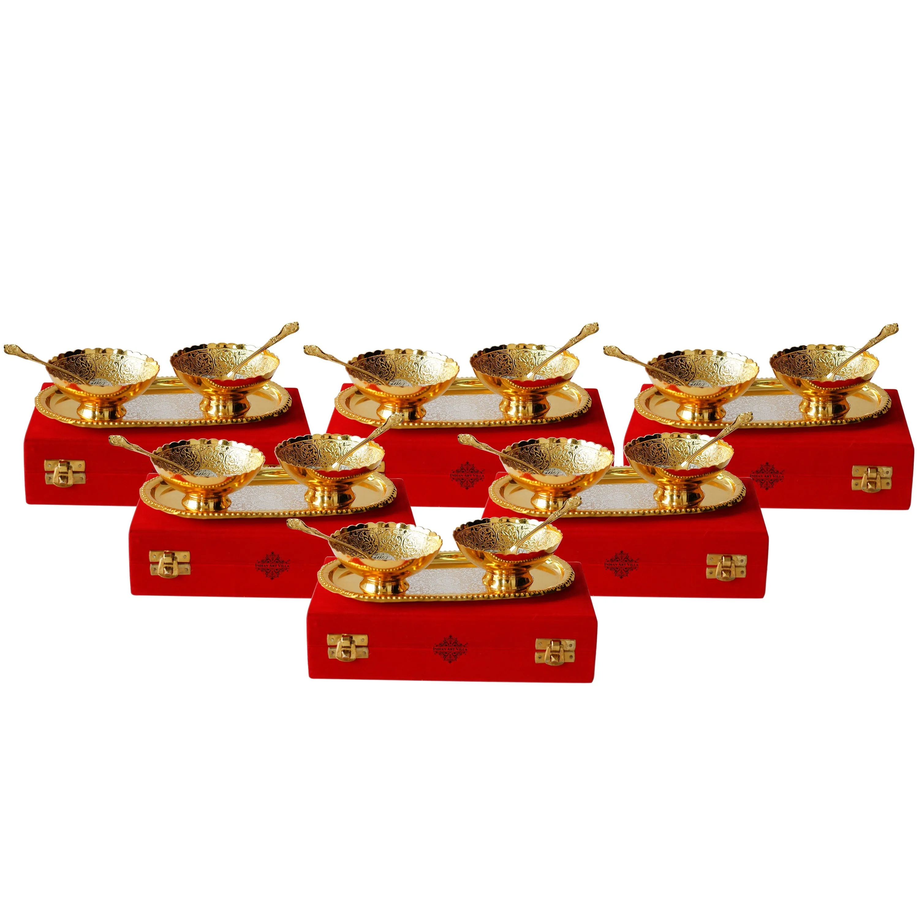 Indian Art Villa Pure Brass With Silver Plating & Gold Polished 2 Bowl, 2 Spoon & 1 Tray Set With Red Velvet Gift Box