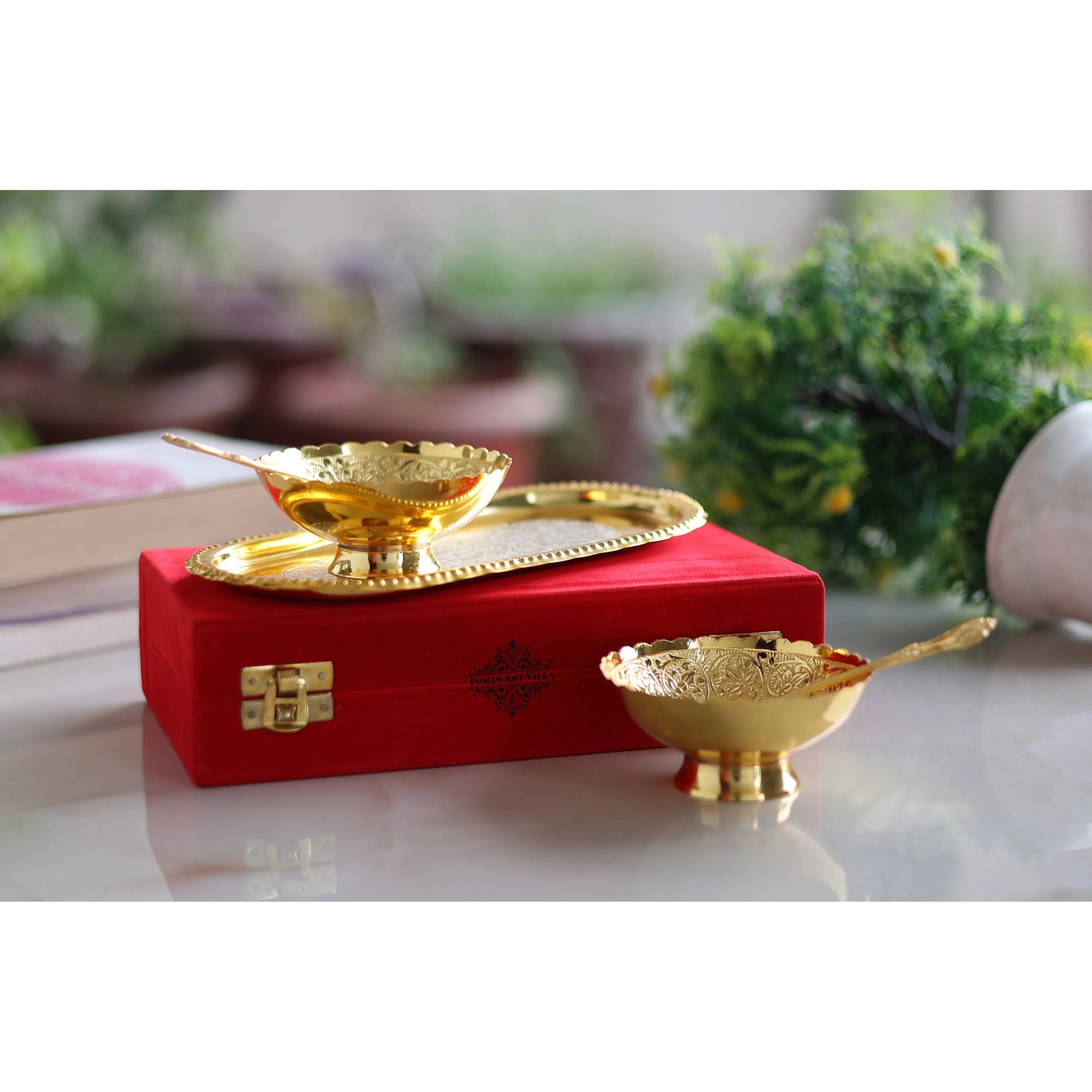 Indian Art Villa Pure Brass With Silver Plating & Gold Polished 2 Bowl, 2 Spoon & 1 Tray Set With Red Velvet Gift Box