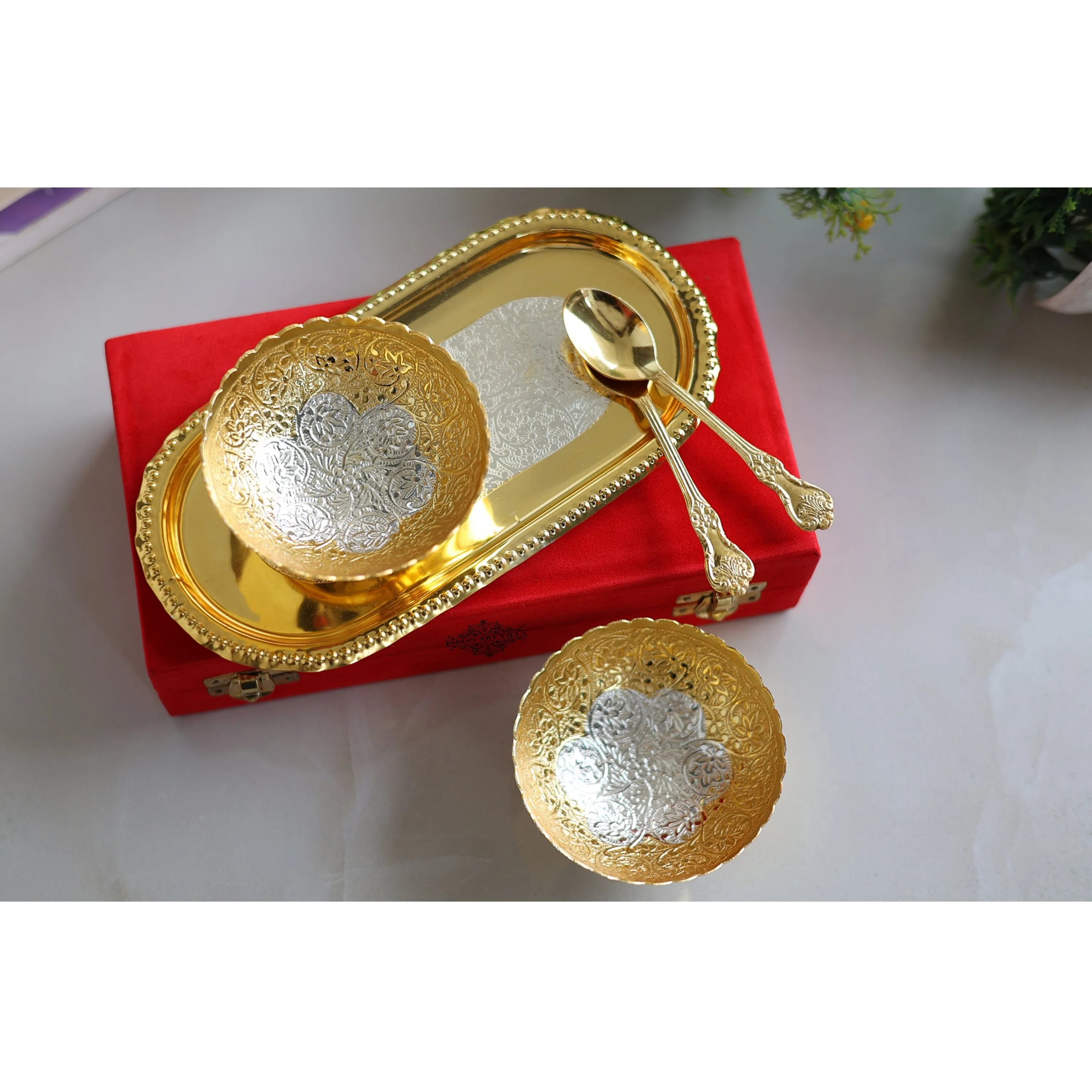 Indian Art Villa Pure Brass With Silver Plating & Gold Polished 2 Bowl, 2 Spoon & 1 Tray Set With Red Velvet Gift Box