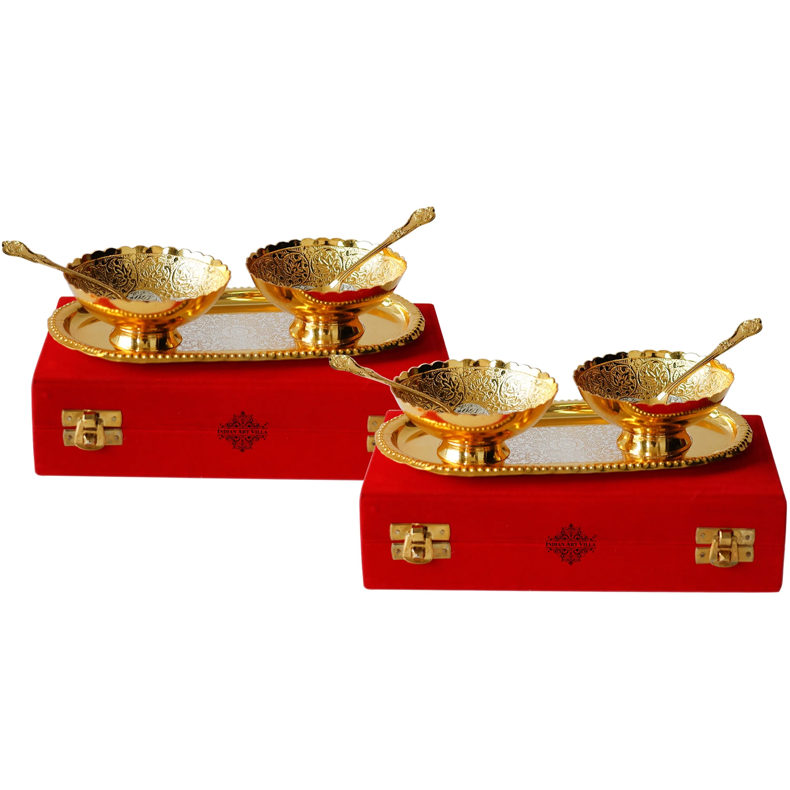 Indian Art Villa Pure Brass With Silver Plating & Gold Polished 2 Bowl, 2 Spoon & 1 Tray Set With Red Velvet Gift Box