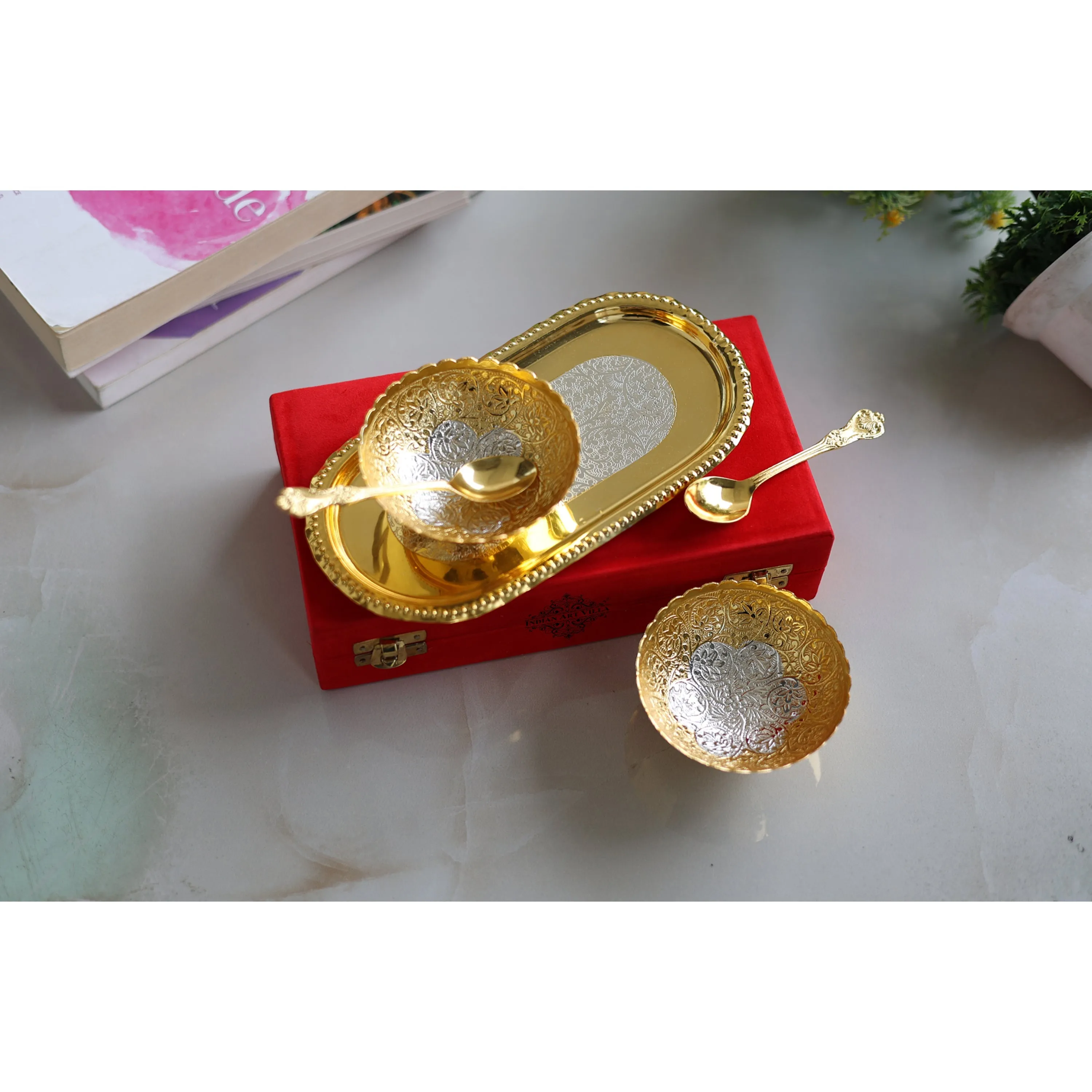 Indian Art Villa Pure Brass With Silver Plating & Gold Polished 2 Bowl, 2 Spoon & 1 Tray Set With Red Velvet Gift Box