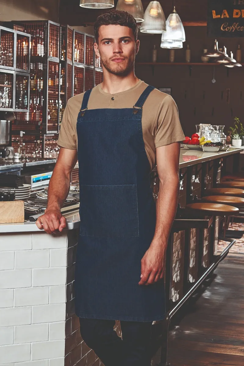 Indigo Denim Cross Back 'Barista' Bib Adjustable Apron (1 Pocket w/ Pen Slot)