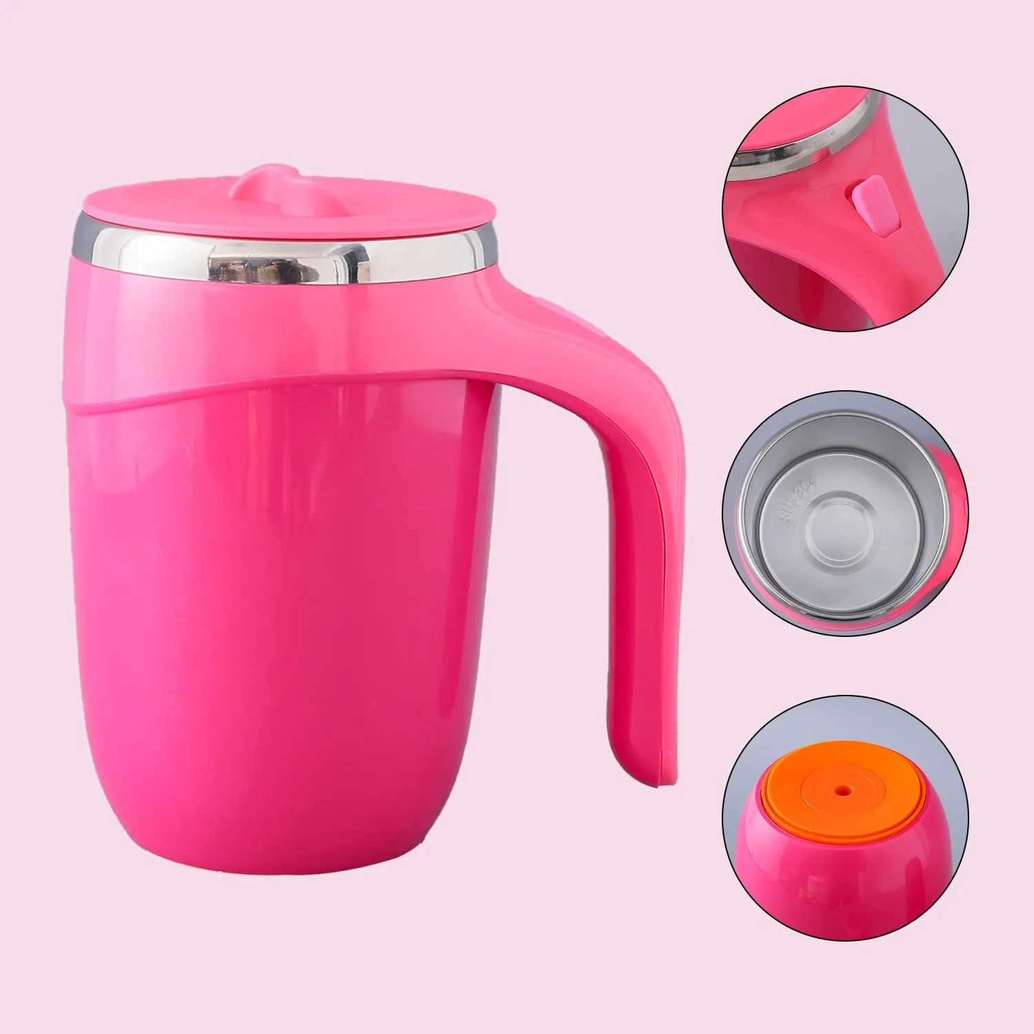 Kuber Industries Anti-Fall Insulated Coffee Tumbler |Suction Bottom | Leak-Proof Stainless Steel Mug|with Lid and Handle | 500 ML | Pink